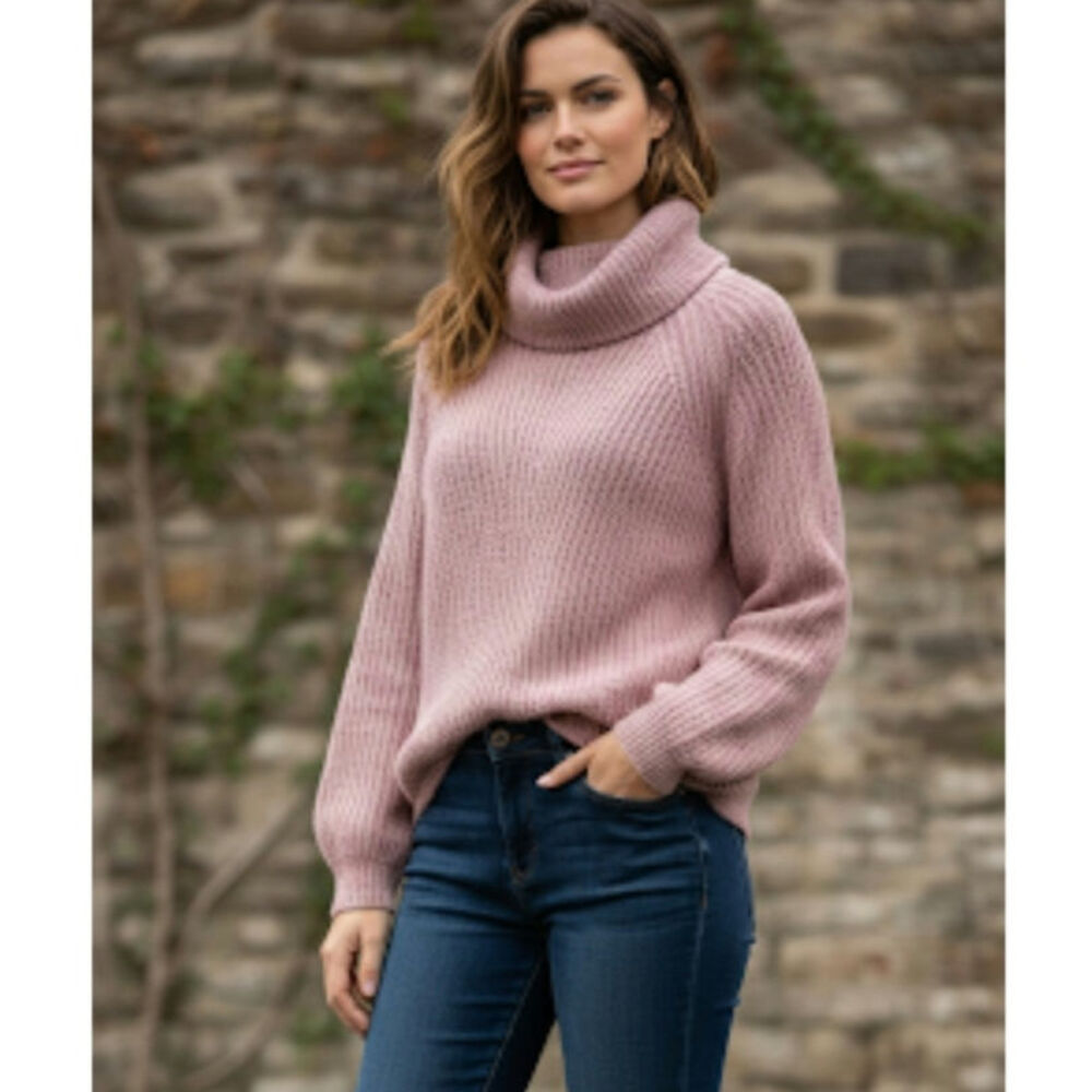 Molly Bracken Wool‎ Blend Sweater L Womens Pink Cowl Neck Long Sleeve Lagen Look